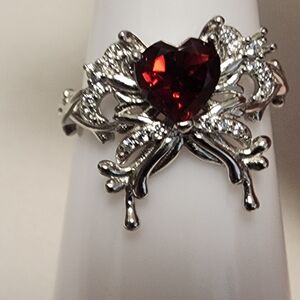 Heart-Shaped Silver and Red Gemstone Ring